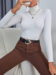 SHEIN LUNE Solid High Neck Rib Knit Jumper - White - View 3