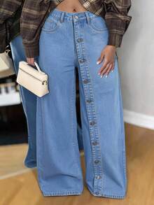 Slaydiva Celana Panjang Denim Biru Lebar Wanita Gaya Jalanan Luar Ruangan Kancing Depan Banyak Saku Modis - Medium Wash - View 2