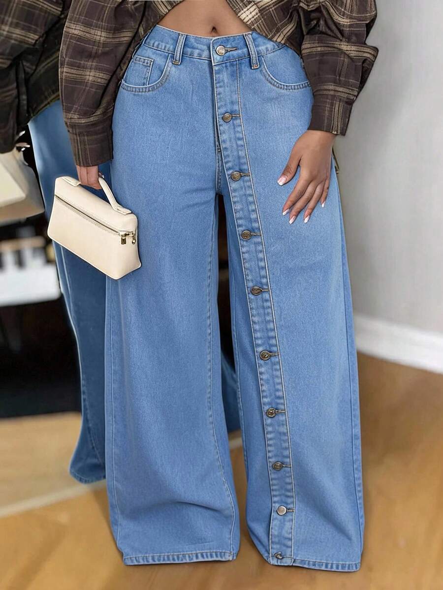 Slaydiva Celana Panjang Denim Biru Lebar Wanita Gaya Jalanan Luar Ruangan Kancing Depan Banyak Saku Modis