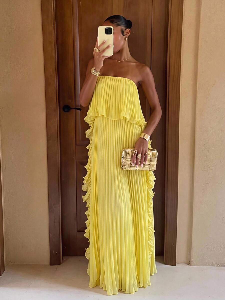 Lumalex New Spring/Summer Pleated Lemon Yellow Lace Trim Bandeau Long Dress Dinner Day Party Elegant