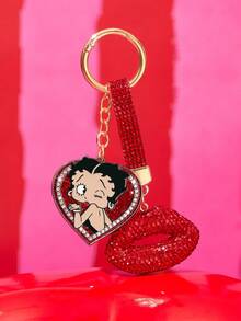 Betty Boop x SHEIN 多色紅色閃鑽唇形金屬包包吊飾 愛心吊飾 女生風包包掛飾配件禮物 - 彩色 - 查看 2