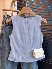 Teen Girls Casual Commute Fashion Elegant Square Neck Sleeveless Button Front Striped Pattern Versatile Spring Summer Blouse Shirt - Blue - View 2