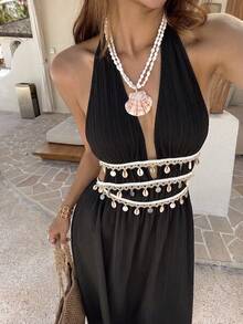 SHEIN PETITE Damen Petite Sommerkleid in Schwarz und Creme, lang, strukturierter Stoff, Seestern-Muschel-Quasten-Band-Dekor, tiefer V-Ausschnitt, Neckholder mit Bindung, A-Linie, Urlaub, Strand, Boho - Schwarz - Übersicht 4
