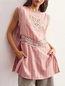 Bohemela Casual Solid Color Woven Patchwork Lace Loose Shirt - Dusty Pink - View 3