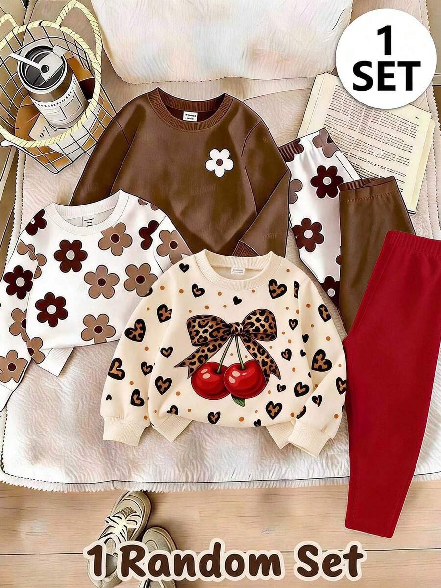 SHEIN طقم كاجوال للبنات الصغيرات من سويت شيرت بأكمام طويلة وبنطال بطبعة نمر وكرز - متعدد الألوان - مشاهدة 1
