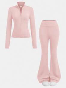 SHEIN Girlism Teen Girls 2pcs Set Zipper Solid Color Long Sleeve Top And Long Pants,Casual Sports Fashion Suit - Dusty Pink - View 7