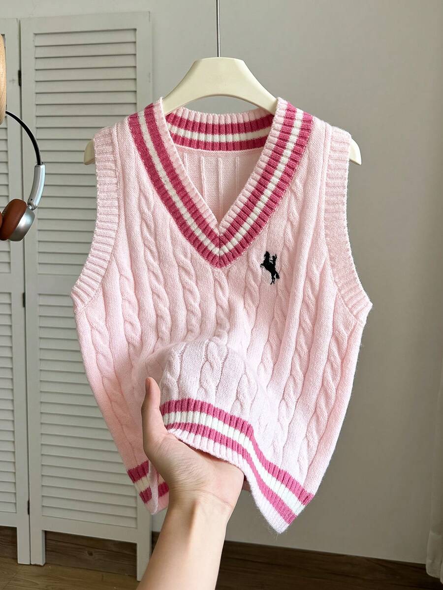 SHEIN 女童 (大號) 淺杏色 V 領刺繡針織背心,柔軟舒適,適合外出、旅行、度假、托兒所和玩耍 - 粉色 - 查看 1