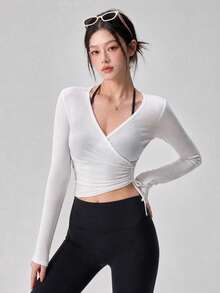 DAZY 秋季運動休閒風字母印花露肩白色條紋拼接上衣 修身袖女款運動T恤運動衫健身衫 - 白色 - 查看 9
