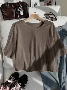 Comfortcana Solid Color Drop Shoulder Short Casual Plus Size T-Shirt - Brown - View 6