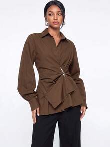 Avantive Women's Solid Color Metal Decor Casual Versatile Daily Wear Top - Brown - View 3
