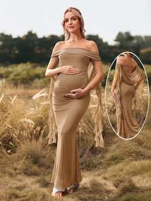 Cheriluna Maternity 聖誕派對洋裝/優雅派對洋裝/嬰兒洗禮派對洋裝 純色露肩露背蝴蝶結長版孕婦攝影洋裝 - 卡其色 - 查看 1