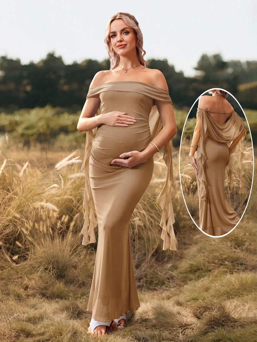 Cheriluna Maternity 聖誕派對洋裝/優雅派對洋裝/嬰兒洗禮派對洋裝 純色露肩露背蝴蝶結長版孕婦攝影洋裝 - 卡其色 - 查看 1