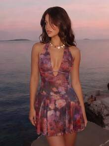 SHEIN MOD Vintage tropisches sexy bedrucktes Neckholder-Mini-Kleid mit Cut-out und Schleife, dunkelbraun, für Sommer, Herbst, Strandurlaub, Nachtausgang, Party, Country-Konzert, Blumenmuster - Verschiedenfarbig - Übersicht 4
