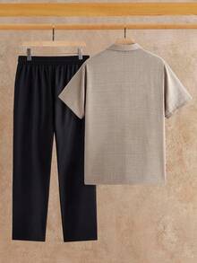 HIMLAND 男士兩件套 Polo 衫套裝，短袖 Polo 衫休閒夏季男裝，亞麻紋理上衣配黑色抽繩長褲 - 棕色 - 查看 2