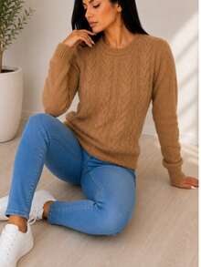 Round Neck Sweater With Nice And Warm Pearls - Cafe - View 4