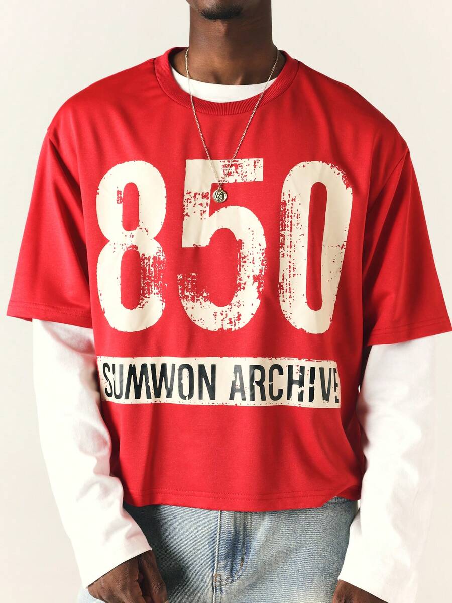 SUMWON Archive 850 大廓型方正短版圓領短袖數字圖案印花街頭風夏季T恤 - 紅色 - 查看 1