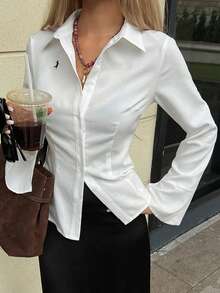 DAZY Blouse femme slim fit unie, col rabattu, manches longues à poignets évasés, taille cintrée, style décontracté, nouvelle collection automne - Blanc - Voir 4