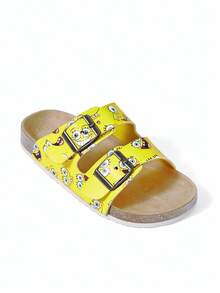 SpongeBob SquarePants | SHEIN 女童卡通黃色印花休閒涼鞋，可調節扣環露趾涼鞋，夏季平底鞋，兒童休閒沙灘與居家日常拖鞋 - 黃色 - 查看 7