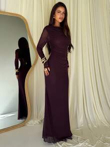 Aloruh Women's Solid Color Pleated Slim Fit Long Sleeve Evening Dress - Burgundy - View 3