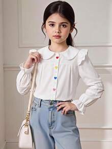 SHEIN Young Girl LMoss 女童編織素色寬鬆休閒長版襯衫上衣 - 白色 - 查看 2