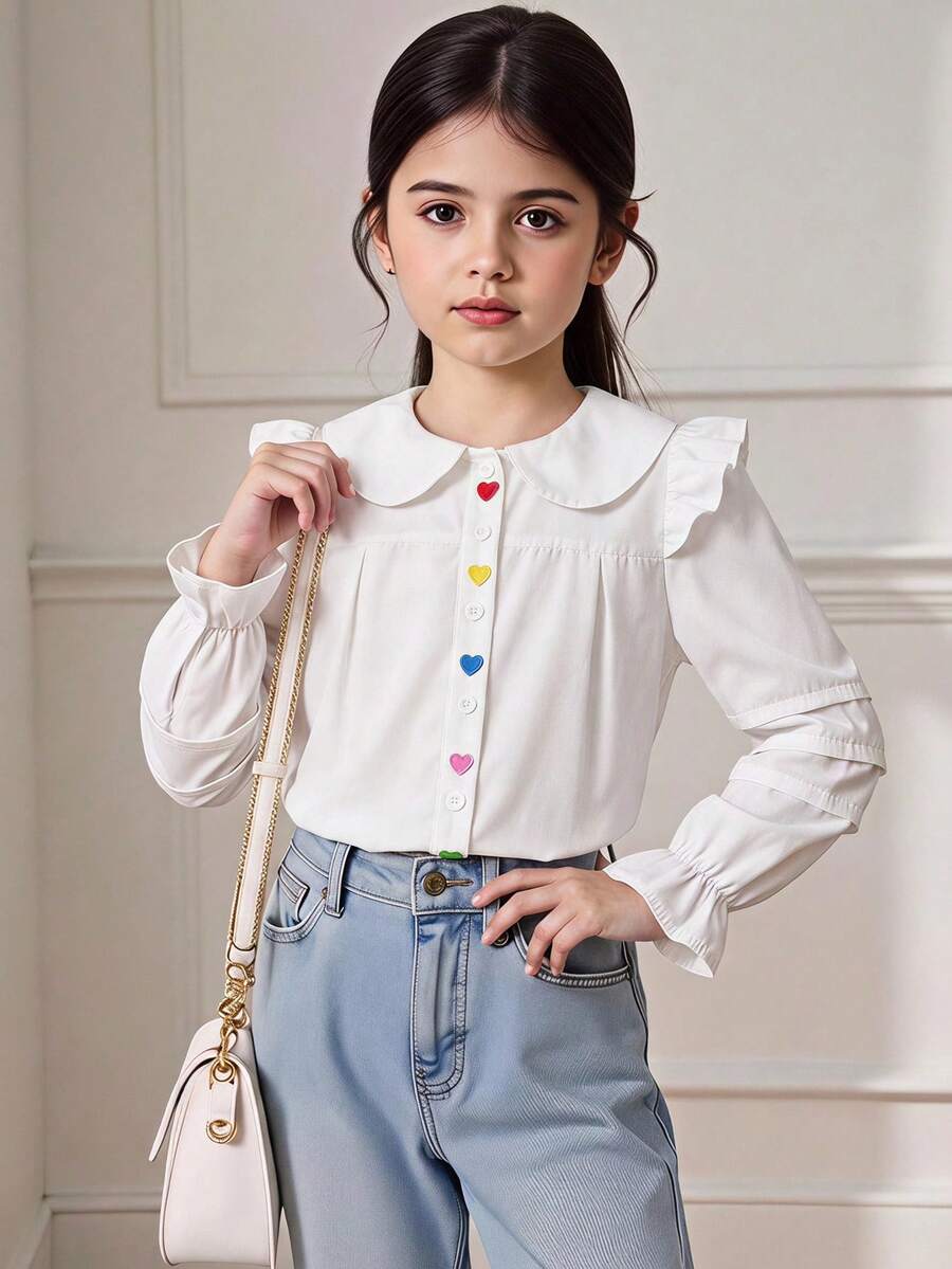 SHEIN Young Girl LMoss 女童編織素色寬鬆休閒長版襯衫上衣