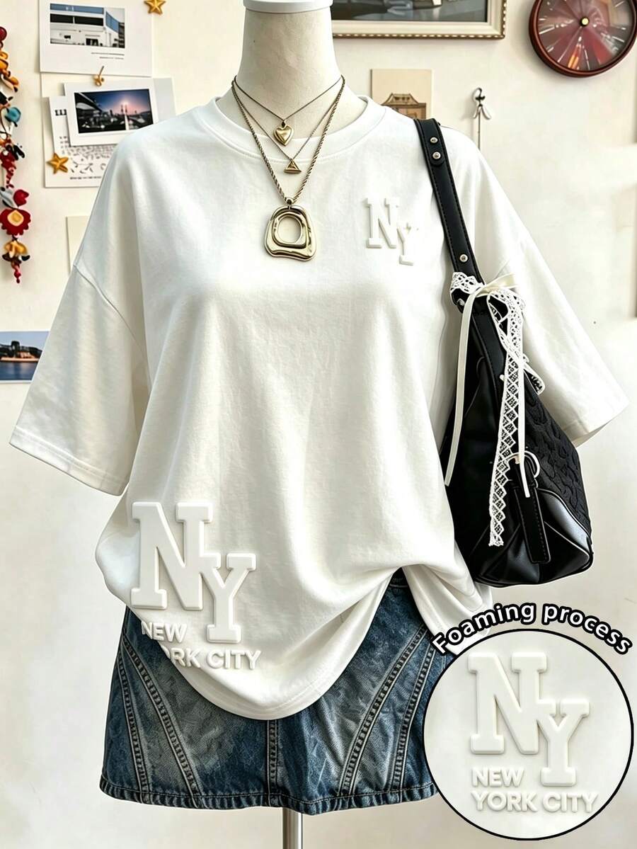Lalippa 女款泡泡印花T恤-紐約市風格,圓領,吸睛泡泡設計,夏季T恤,日常穿著白色街頭風圖案 - 白色 - 查看 1