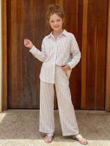 Hapijoa Tween Girl Vacation Casual Striped Shirt And Pants Set - White - View 7