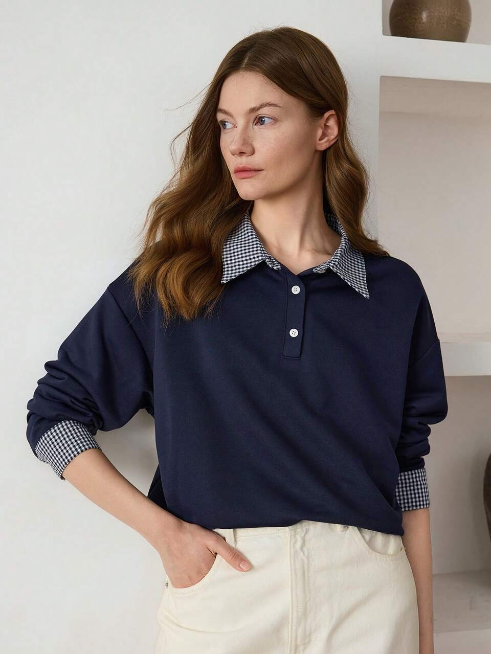Women's Navy Blue Solid Color Crew Neck Long Sleeve Zip-Up Loose Casual Sports Sweatshirt Fall Business Casual Woman