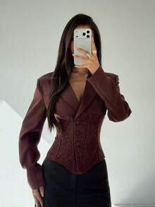 Aloruh 女款秋冬新款酒紅色優雅性感時尚日常通勤約會晚餐浪漫高端蕾絲拼接西裝外套 - 酒紅色 - 查看 8