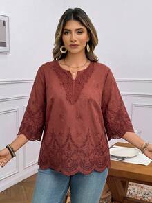 SHEIN LUNE 大尺碼女款花卉刺繡圖案休閒日常穿著襯衫 - 棕色 - 查看 4