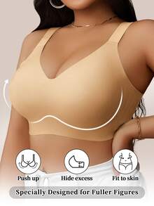 Sujetador sin costuras y sin aros con copa suave y almohadillas extraíbles para mujeres de talla grande, sujetador con soporte de relleno ligero sin aro - Champán - Ver 1