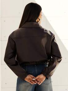 Maju Mazalli Women's Motorcycle PU Leather Jacket, Loose Fit High-End Black Retro Jacket, Unique Elegant Top For Spring & Autumn Fall - Brown - View 2