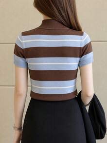 SHEIN Franclia Half-High Neck Fitted Pullover Short Sleeve Striped Knit Top - Coffee Brown - View 2