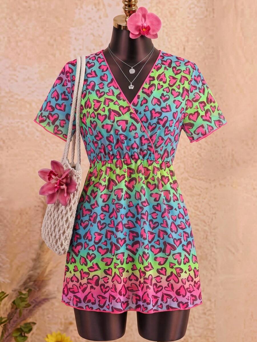 SHEIN Teen Girls Cover Ups Gradient Purple Leopard Print Cover Ups Fashion Casual Elegant Exquisite Lady Suitable For Swimming Suitable For Vacation Suitable For Summer - Multicolor - View 1
