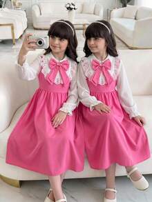 SHEIN Tween Girls Midi Dress, Lace Collar Bow Ruffle Long Sleeve A-Line Flowy Dress - Multicolor - View 7
