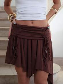 juhmazzocco Minifalda asimétrica con volantes y cintura con cordón, estilo vaquero occidental de playa casual para mujer, Y2K - Marrón - Ver 5