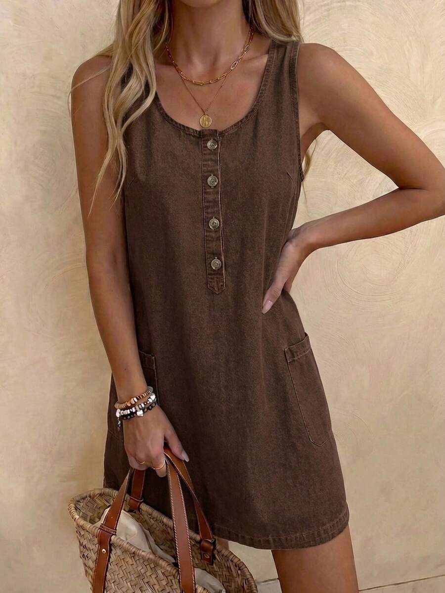 EMERY ROSE EMERY ROSE Women's Fashion Button Half-Placket Pocket Denim Dress - Brown - View 1