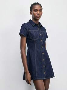 Maija Women's Summer Casual Retro Vintage 70S 70S Retro Front Button Denim Dress Everyday Party Navy Blue Autumn Outfit For Women - Dark Wash - View 5