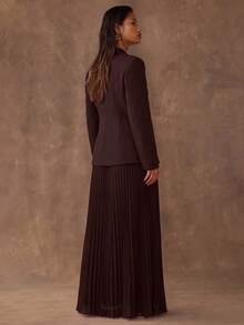 SHEIN BAE Women's Solid Color Lapel Neck Long Sleeve Jacket And Skirt Elegant 2 Pieces Set - Coffee Brown - View 2