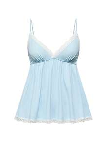 ROMWE Ribbed Lace Camisole & Shorts Lounge Set - Blue - View 5