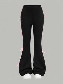 SHEIN Girlism 兒童青少年女孩春季黑色蝴蝶結裝飾條紋貼布喇叭褲，返校季 - 黑色 - 查看 5