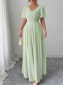 Elenzga Plus Size Women's V-Neck A-Line Chiffon Dress With Ruffle Sleeves, Simple Elegant And Romantic - Green - View 8