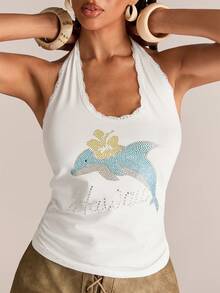 ACID BLVD Tank Top Wanita Kasual Santai dengan Motif Lumba-lumba Lucu dan Hiasan Berlian Imitasi, Cocok untuk Liburan di Pulau & Pemakaian Sehari-hari - Putih - View 4