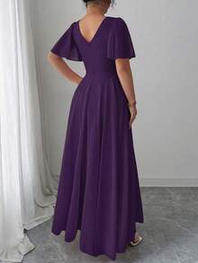 Elenzga Plus Size Women's V-Neck A-Line Chiffon Dress With Ruffle Sleeves, Elegant And Romantic - Purple - View 2