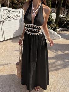 SHEIN PETITE Damen Petite Sommerkleid in Schwarz und Creme, lang, strukturierter Stoff, Seestern-Muschel-Quasten-Band-Dekor, tiefer V-Ausschnitt, Neckholder mit Bindung, A-Linie, Urlaub, Strand, Boho - Schwarz - Übersicht 7
