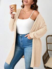 SHEIN LUNE Plus Size Plain Color Ribbed Knit Cardigan For Spring And Autumn Winter Clothes Fall - Apricot - View 3