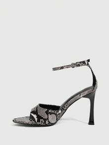 CUCCOO SZL Sepatu hak tinggi wanita motif ular dengan tali pergelangan kaki, model terbuka dan ujung runcing. - Abu-abu / hitam - View 4