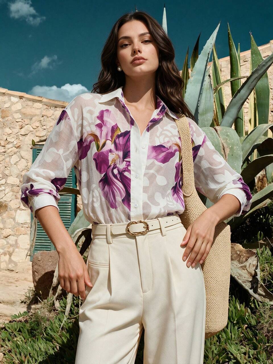 Anewsta Women's Spring/Summer New Floral Jacquard Textured Print Vacation Blouse, Suitable For Beach Parties, Daily Wear, Commuting