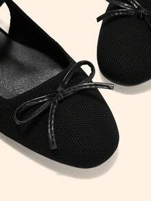 CUCCOO BASICS Elegant Black Knitted Flats For Women Bow Embellished Slingback Design With Adjustable Ankle Strap - Black - View 7
