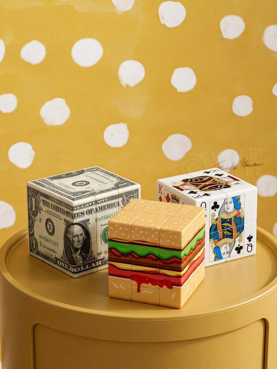 Joivida 1Pc Poker/Burger/Dollar Print 3x3 Puzzle Cube, UV-Printed Mirror-Style Irregular Cube, Creative Hamburger-Shaped Desktop Ornament For Office, Travel, Party, Birthday & Novelty Gift - Multicolor - View 1